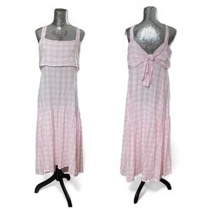 Pastel Pink Linen Gingham Tiered Maxi Dress Sleeveless Square Neck Prairie L/XL